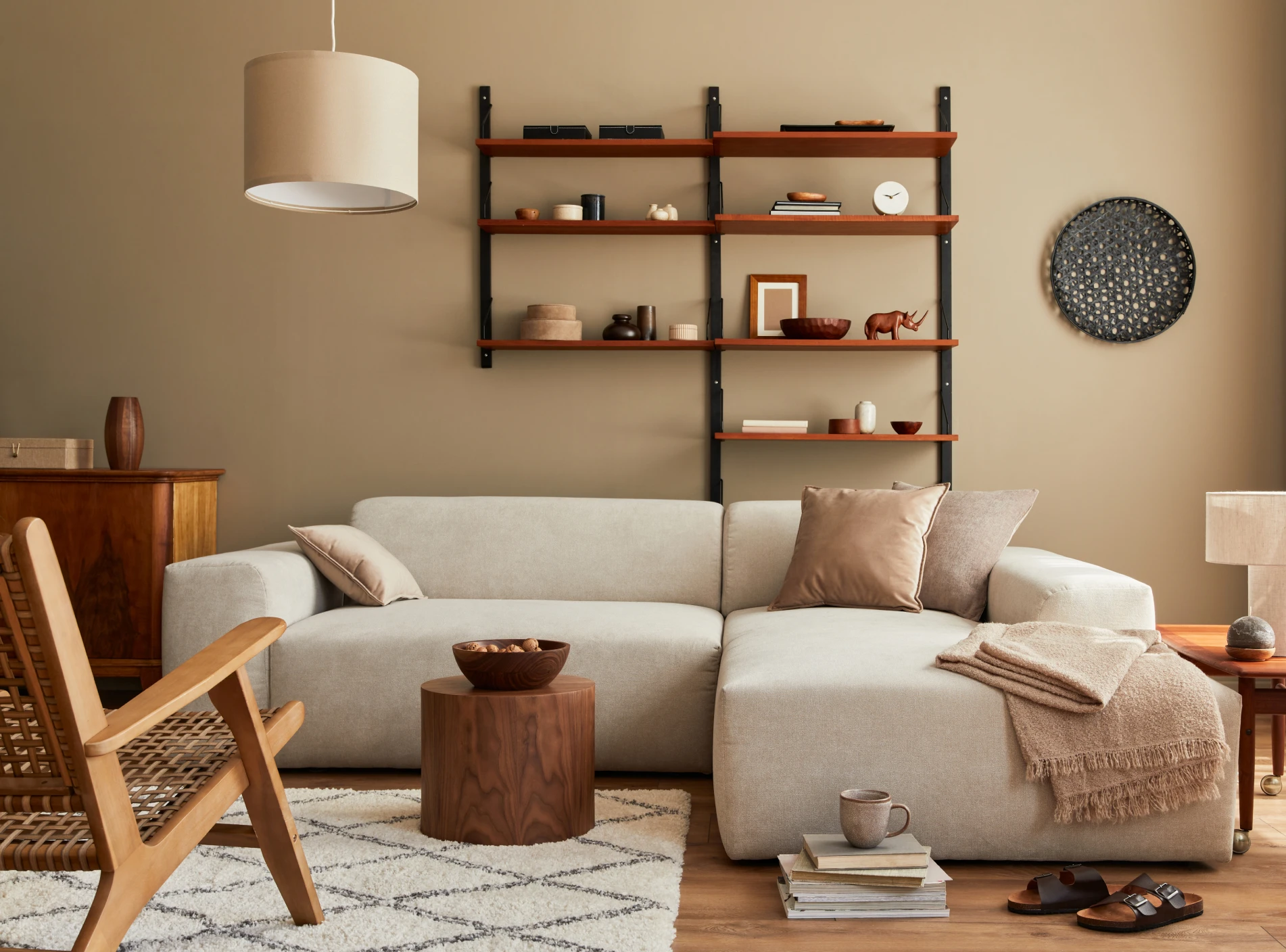 Modern living room with beige sofa