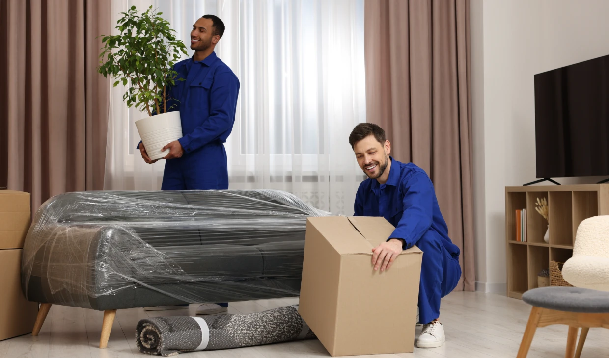 Two movers organizing a living room