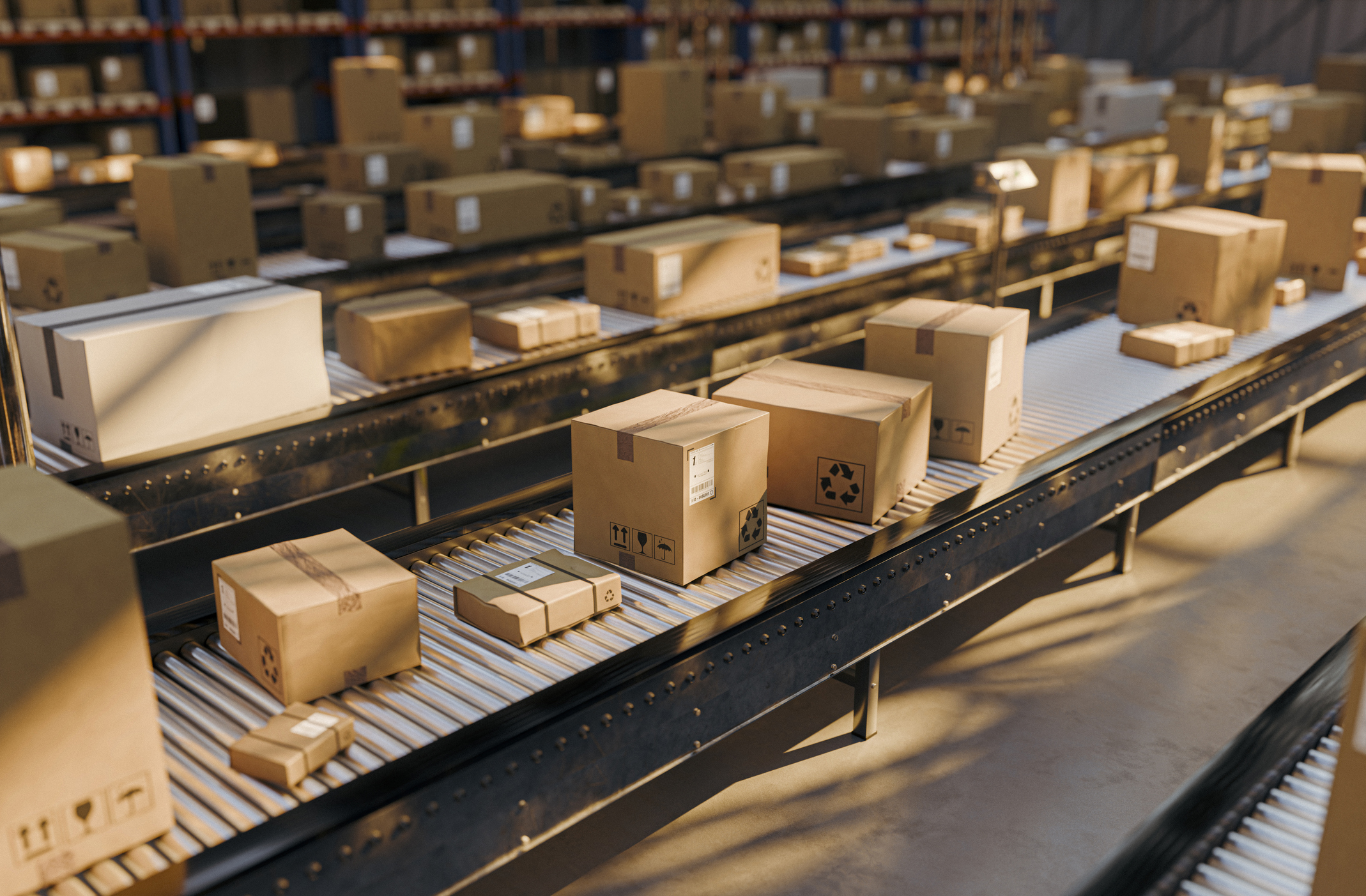 Rows of cardboard boxes and parcels travel along conveyor belts inside a large distribution warehouse, illustrating efficient shipping, order fulfillment, inventory handling and modern logistics operations.